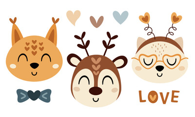 Obraz premium Valentines day clipart set. Cute animal faces clipart. Animal heads clip art. Cartoon cat, deer, squirrel in flat style. Vector illustration.