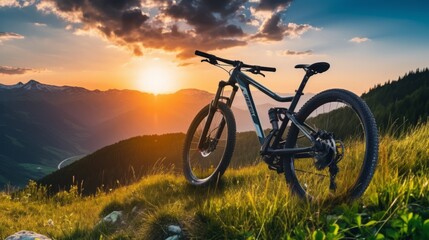 Obraz premium serene mountain bike ride: stunning spring-summer landscape bathed in sunrise/sunset glow