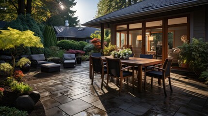 Fototapeta premium Beautiful outdoor home terrace with stone floor, flowers and green plants growing, and table with chairs.