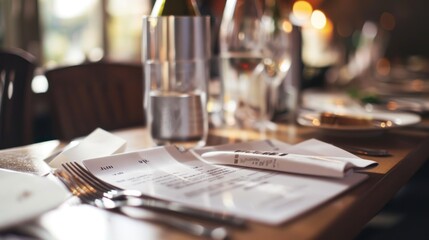  a close up of a table with a bottle of wine and a knife and fork and napkins on it. - obrazy, fototapety, plakaty