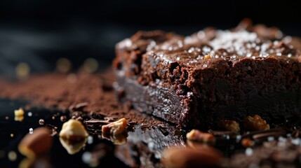  a close up of a piece of chocolate cake on a table with nuts and chocolate chips on the side of the cake.