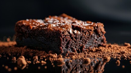  a piece of chocolate cake sitting on top of a table covered in chocolate shavings and powdered sugar.