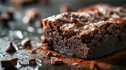  a close up of a piece of brownie on a table with chocolate chips and a bite taken out of it. - obrazy, fototapety, plakaty