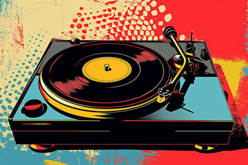 Vintage turntable with vinyl on grunge background, pop art illustration