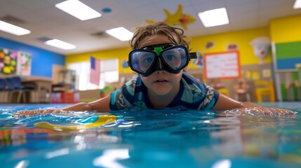 Obraz premium A kid simulating to swim across the classroom floor with a kickboard while donning swimming goggles and a snorkel