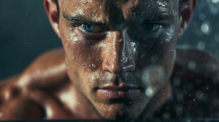 A close-up of a muscular man's intense gaze as he lifts weights, sweat glistening on his forehead - obrazy, fototapety, plakaty