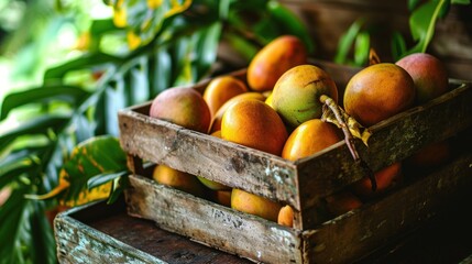  a wooden crate filled with lots of oranges sitting on top of a wooden box on top of a table.