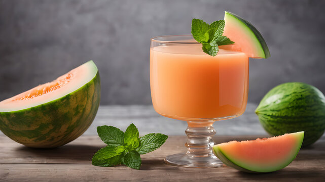 The juice of melon with mint in a glass on the table Hami melon