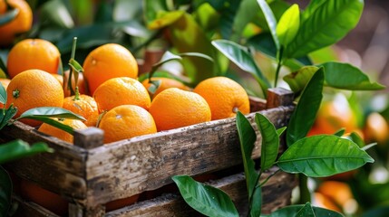  a crate filled with lots of oranges sitting on top of a lush green leaf covered tree filled with lots of oranges.