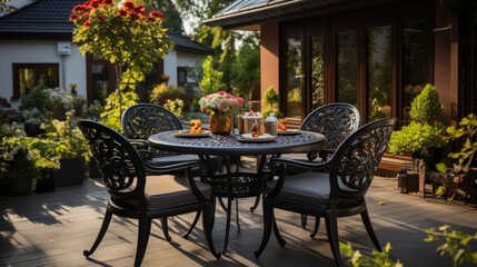 Fototapeta premium Elegant garden furniture on suburban house terrace with sofa and chairs set