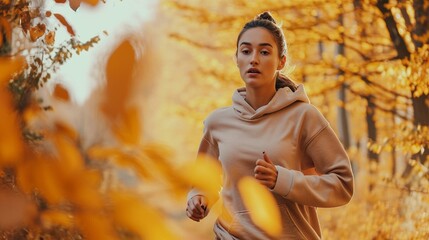 Confident woman in a chic tracksuit, jogging amidst autumn foliage, the golden leaves complementing her glowing complexion - obrazy, fototapety, plakaty