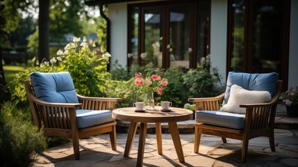 Elegant garden furniture on suburban house terrace with sofa and chairs set