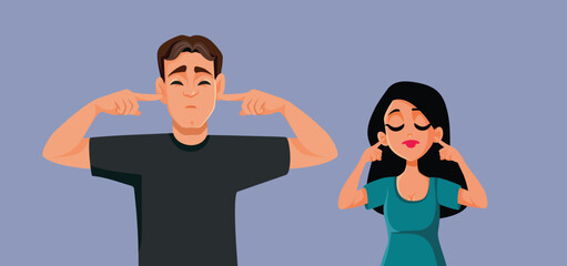 Stressed Couple Covering their Ears with their Fingers Vector Cartoon. Unhappy husband and wife not talking to each other 
