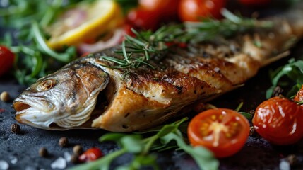  a piece of fish sitting on top of a table next to a pile of vegetables and a slice of lemon.