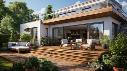 Fototapeta premium Elegant wooden house terrace with balcony or terrace doors, furniture on a sunny day