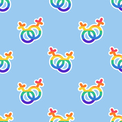 LGBT love seamless pattern. LGBT Love symbols in LGBT flag colors. Two female gender icons in Rainbow colors linked together. Lesbian couples Textile. LGBTQ, LGBT pride community Symbols texture.
