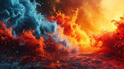  an orange and blue fire and water scene with splashes of water on the left and right side of the fire and water on the right side of the image.