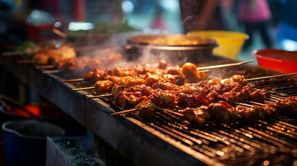 Focus selection: Thai street food options, including grilled pork vendors