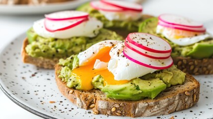  a close up of a plate of food with eggs, avocado, and radishes on bread.