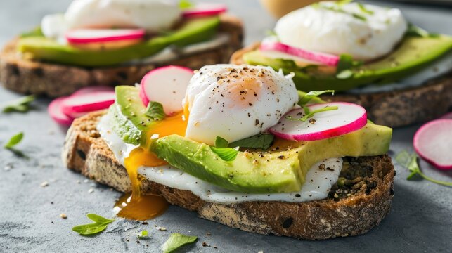  a sandwich with eggs, avocado, radishes, and mayonnaise on a piece of bread.