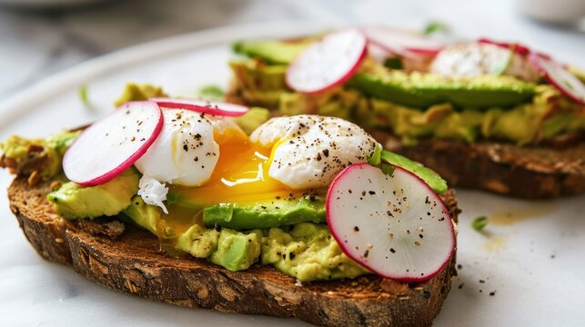  a close up of a piece of bread with avocado, radishes, and eggs on it.