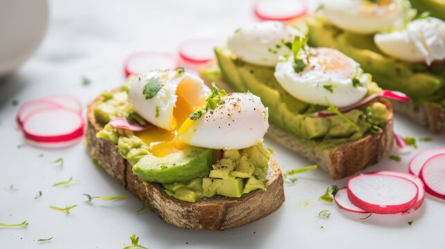  a close up of a piece of bread with avocado and eggs on it and sliced radishes on the side.