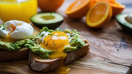  a toast topped with an egg and avocado on a cutting board next to sliced oranges and a glass of orange juice.