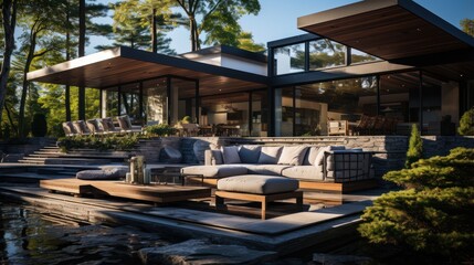 Fototapeta premium Hollow contemporary modern villa terrace with swimming pool, relaxing sofas