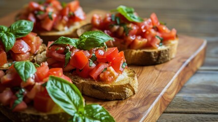  a wooden cutting board topped with slices of bread topped with tomatoes and green leafy garnish on top of it.