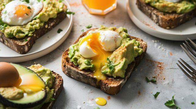  a close up of a plate of food with eggs and avocado on toast with a fork and a glass of orange juice.