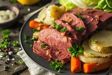  a plate of corned beef, carrots, potatoes, and lettuce with a side of sour cream.
