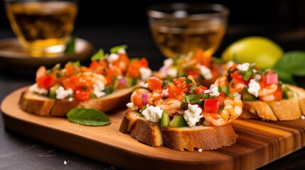  a wooden tray topped with pieces of bread covered in veggies and garnished with feta cheese. - obrazy, fototapety, plakaty