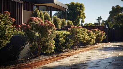 Obraz premium The house fence consists of a rectangular concrete block wall and plants. Cement sidewalk and asphalt road in front.