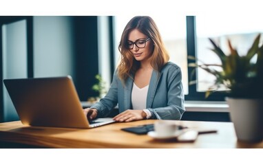 Focused millennial businesswoman working online on laptop. Generative AI