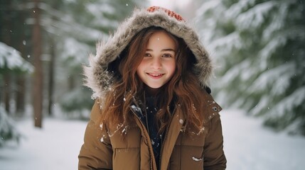 Fototapeta na wymiar Adorable teenage girl playing in the snow in a pine forest. Children's winter activities. Adolescent discovering the outdoors.