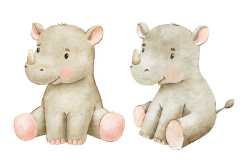 Cute sitting baby rhino in different poses. Drawing wild animal rhinoceros isolated on white background. Watercolor jungle illustration for kids poster and card. © Elena