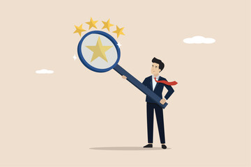 Appraisal, analyze employee performance concept, evaluate or assessment for quality or value, businessman with magnifying glass with stars quality score.