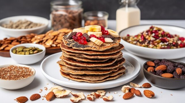  a stack of pancakes sitting on top of a white plate next to bowls of nuts and other foods on a table.