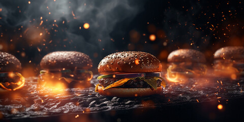 Smoke food hot big burger sandwich delicious big meat burger flame prepares with black background - obrazy, fototapety, plakaty
