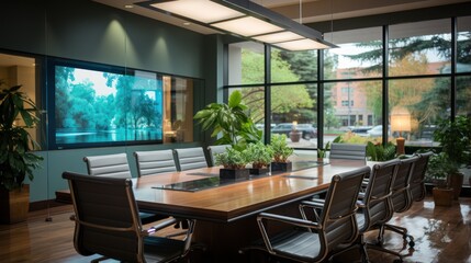 meeting room interior with table chairs and screen for large conference room