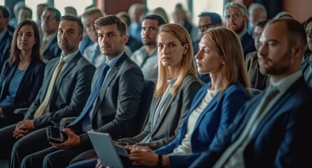 Obraz premium Business people listening to speaker at conference and serious. Generative AI