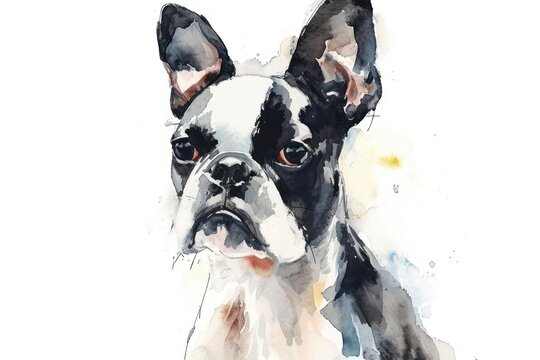  a watercolor painting of a black and white boston terrier dog looking at the camera with a serious look on its face.