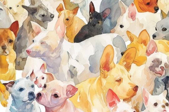  a painting of a group of dogs that are all different colors of white, brown, black, and gray.