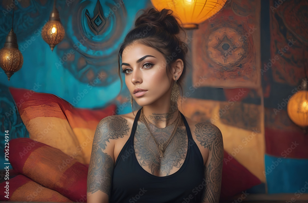 Poster Portrait of a woman with a body full of artistic tattoos