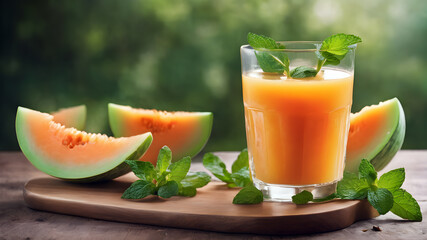 The juice of melon with mint in a glass on the table Hami melon