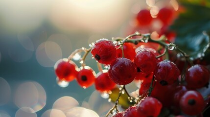  a bunch of red berries sitting on top of a green leafy plant with drops of water on the leaves.