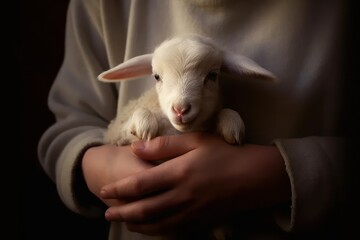 Jesus is holding proudly his very cute newborn baby lamb. Generative AI