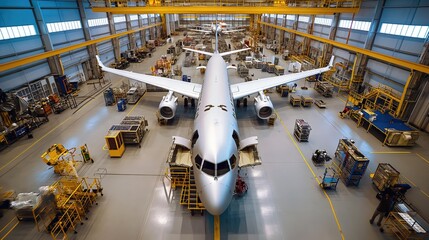 An aviation hangar in which an aircraft is assembled - obrazy, fototapety, plakaty