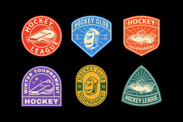 set of hockey badge logos with hockey bag and whistle and knee pads element design for hockey team and league and champion - obrazy, fototapety, plakaty