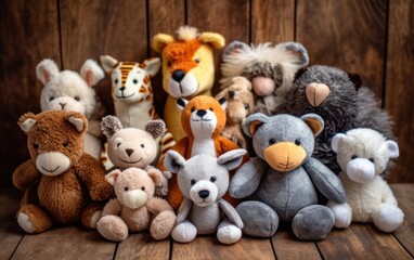 Many soft toys are sitting on the background. Generative AI